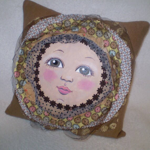 Items similar to Sweet hand painted, hand made dollface flower pillow