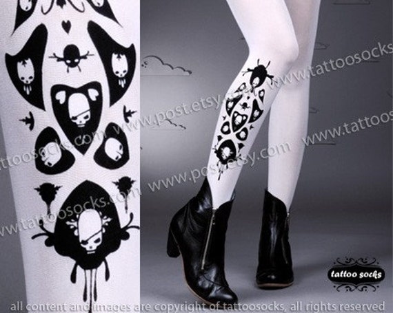 sexy SKULLS and HEARTS TATTOO thigh-high socks white by tattoosocks steampunk buy now online