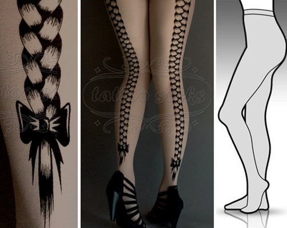 L/XL sexy Rapunzel GREY tattoo tights / stockings / full length / pantyhose / nylons by tattoosocks steampunk buy now online