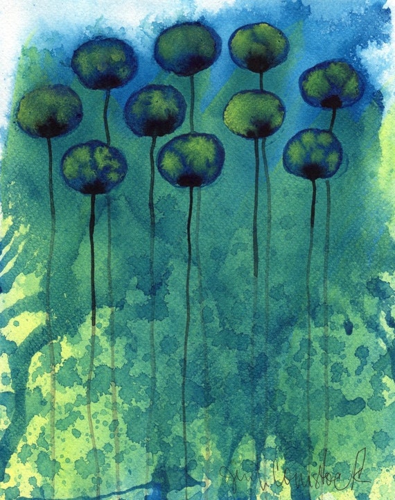 Mo Money Teal Flowers Original Watercolor 8x10 by PopwheelArt