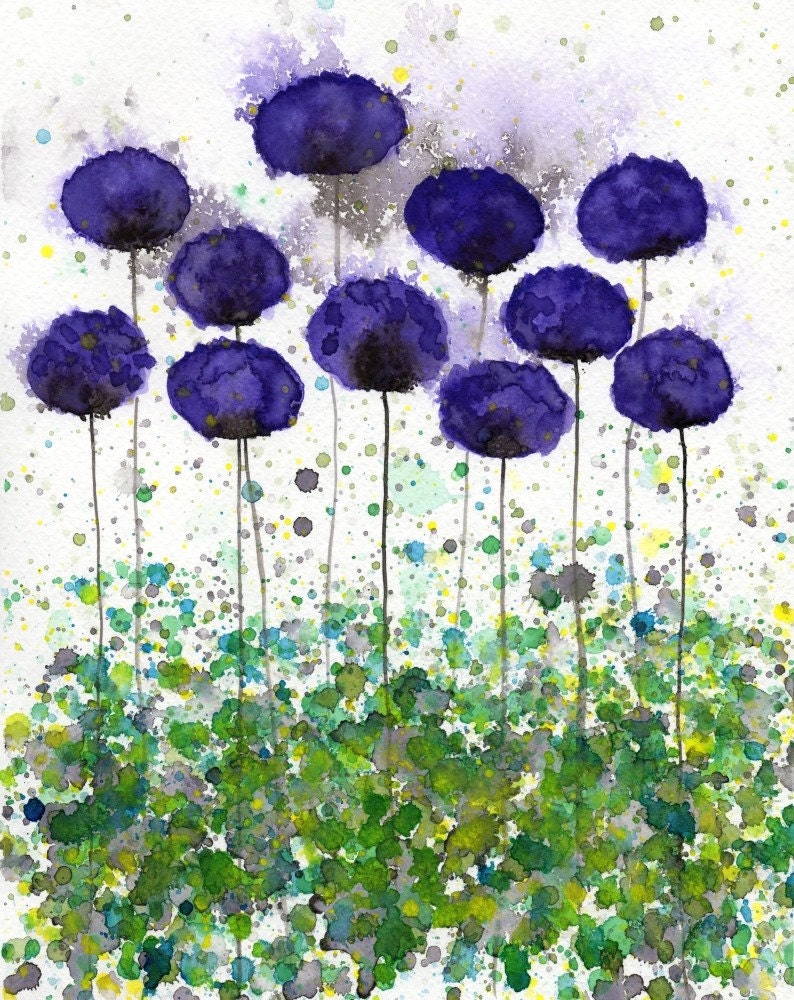 Upward Slope Purple Flowers Original Watercolor by PopwheelArt