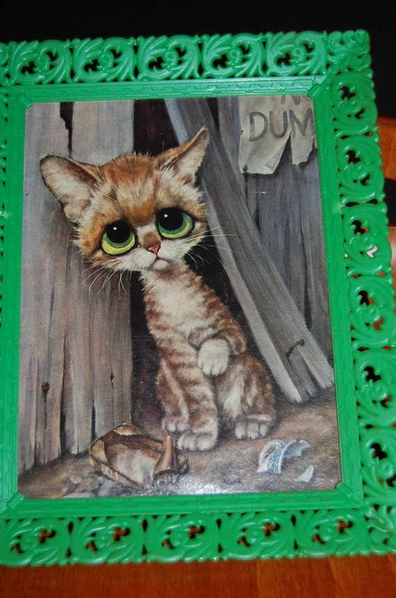 ... POP mod sad big eye kitty cat painting kitsch art 1960s weird eyes cat