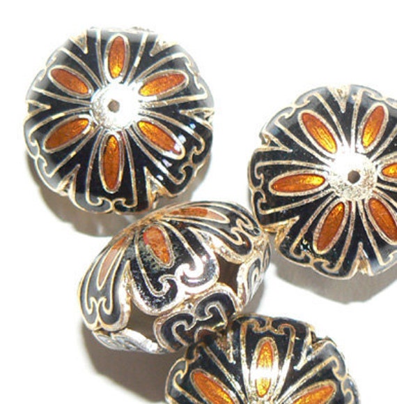 SALE 2 Large 20x14mm Handmade Cloisonne Beads Round Bead Black