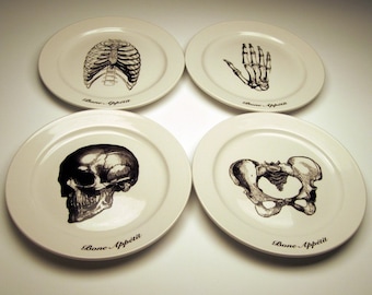 Skeletal BONE APPETIT 9 inch dinner plates Skull, Rib Cage, Pelvis, Hand
