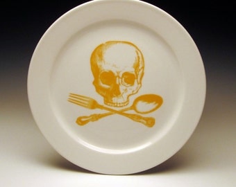 skull and cross-utensils 9 inch dinner plate in Goldenrod Yellow 