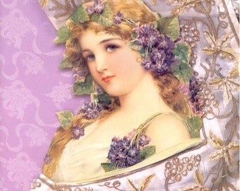 Fabric block. Large. Gorgeous lady in Lavender.Quitling*Art*Frame*Sew*Decoupage*collage*fabric books*greeting cards