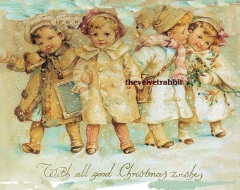 Christmas children. 2 5x7 cotton fabric blocks. This is a great one.SALE SALE.Use like any fabric you sew with. Frame