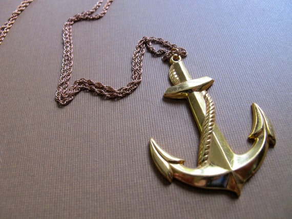 Anchor Necklace Vintage Gold Pendant Nautical by Glamourpuss