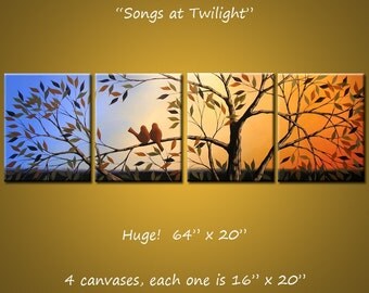 Original Art Large Birds Painting Modern Trees Huge ... 64" x 20" ... Songs at Twilight, by Amy Giacomelli, great wedding gift
