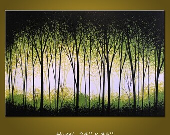 Art Painting Original Large Abstract Modern Contemporary Landscape Trees .. white green black ...24 x 36 .. Lush Forest, by Amy Giacomelli