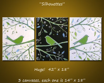 Original Abstract Painting Birds Trees ... green black white ... 18" x 42" ... Ready to Hang, "Silhouettes"