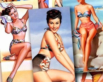 Pin Ups in 1x2 inches for dominos and more -- piddix digital collage sheet 223