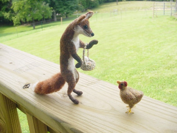 Fox and Chicken Needle Felted pair