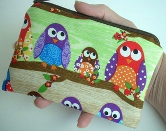 Owls in Line Little Zipper Pouch Coin Purse Gadget case ECO Friendly Padded - Limited item