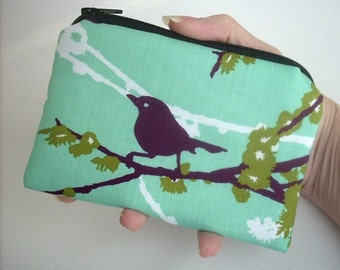 Zipper Pouch Sparrows on Aqua Blue ECO Friendly Padded Little coin purse