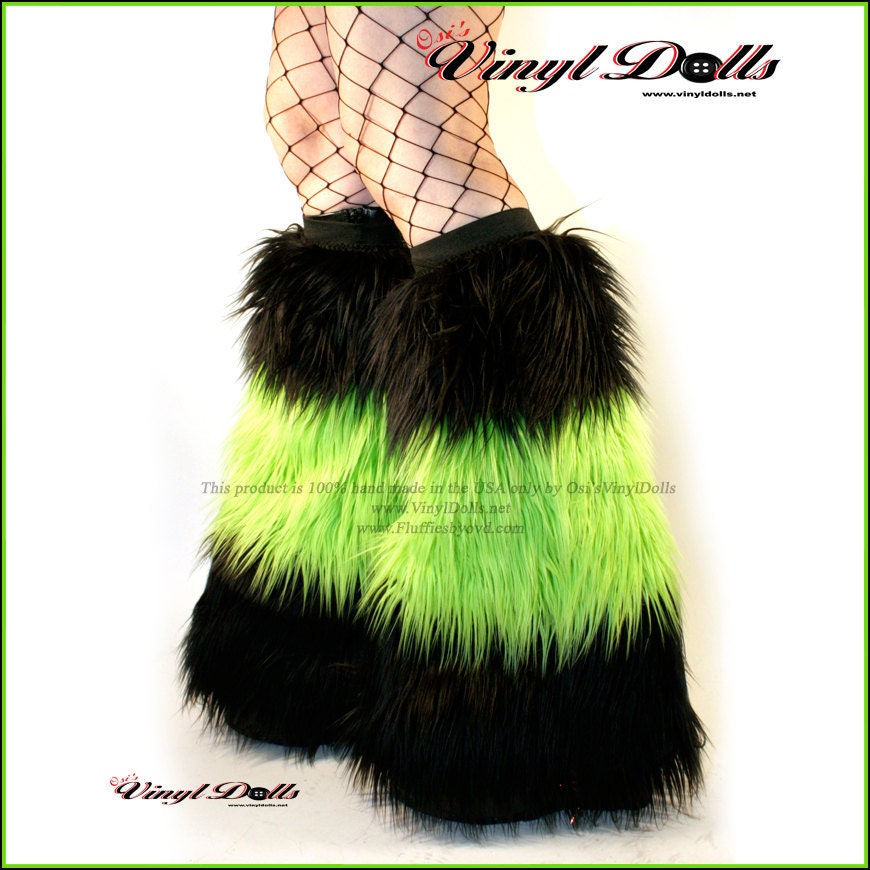 Rave Furry Leg Warmers Black Lime Green Fluffies Fuzzy Boot