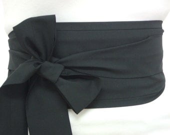 Long Plus size Obi belt sash - Plain Black - kimono yukata robe belt