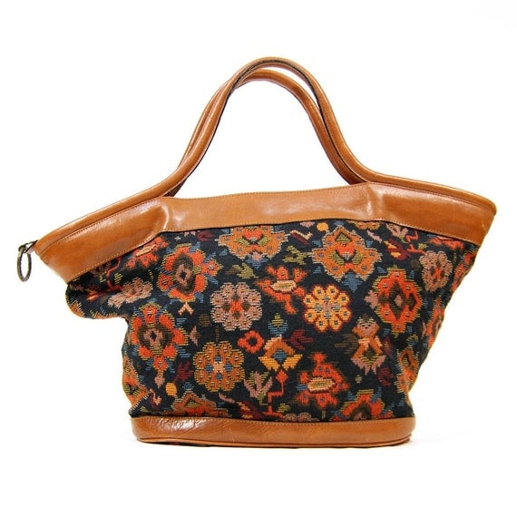SALE vintage Tapestry & Leather Carpet Bag