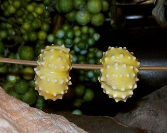 2 lemon yellow Sea Urchin beads porcelain ceramic for jewelry creations - by Earth N Elements Pottery