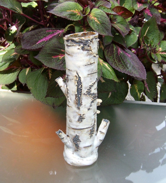 Rustic Birch Bark Tree Trunk Vase with mushrooms handmade