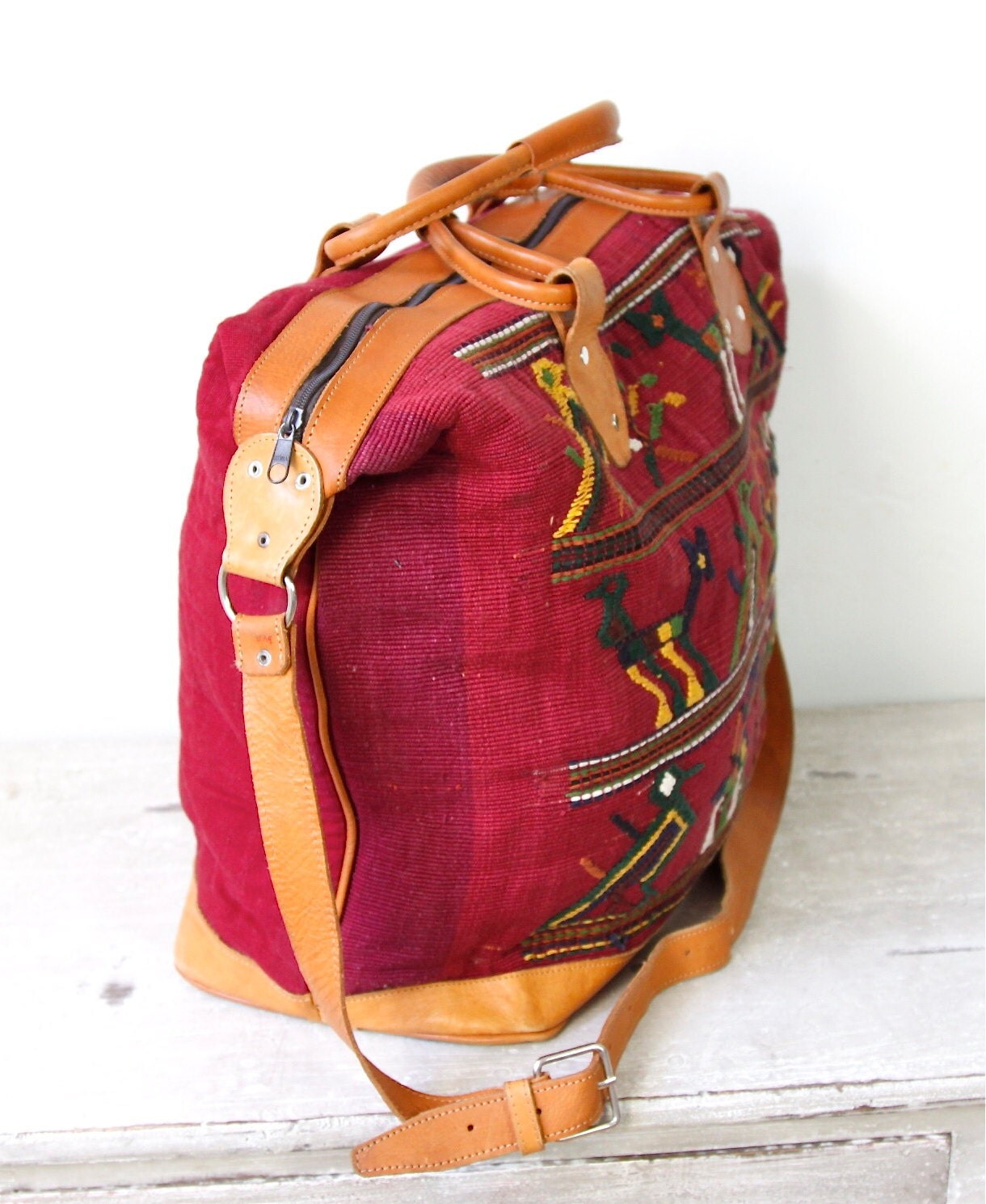 Ethnic Embroidered Textile Travel Bag Leather Vintage