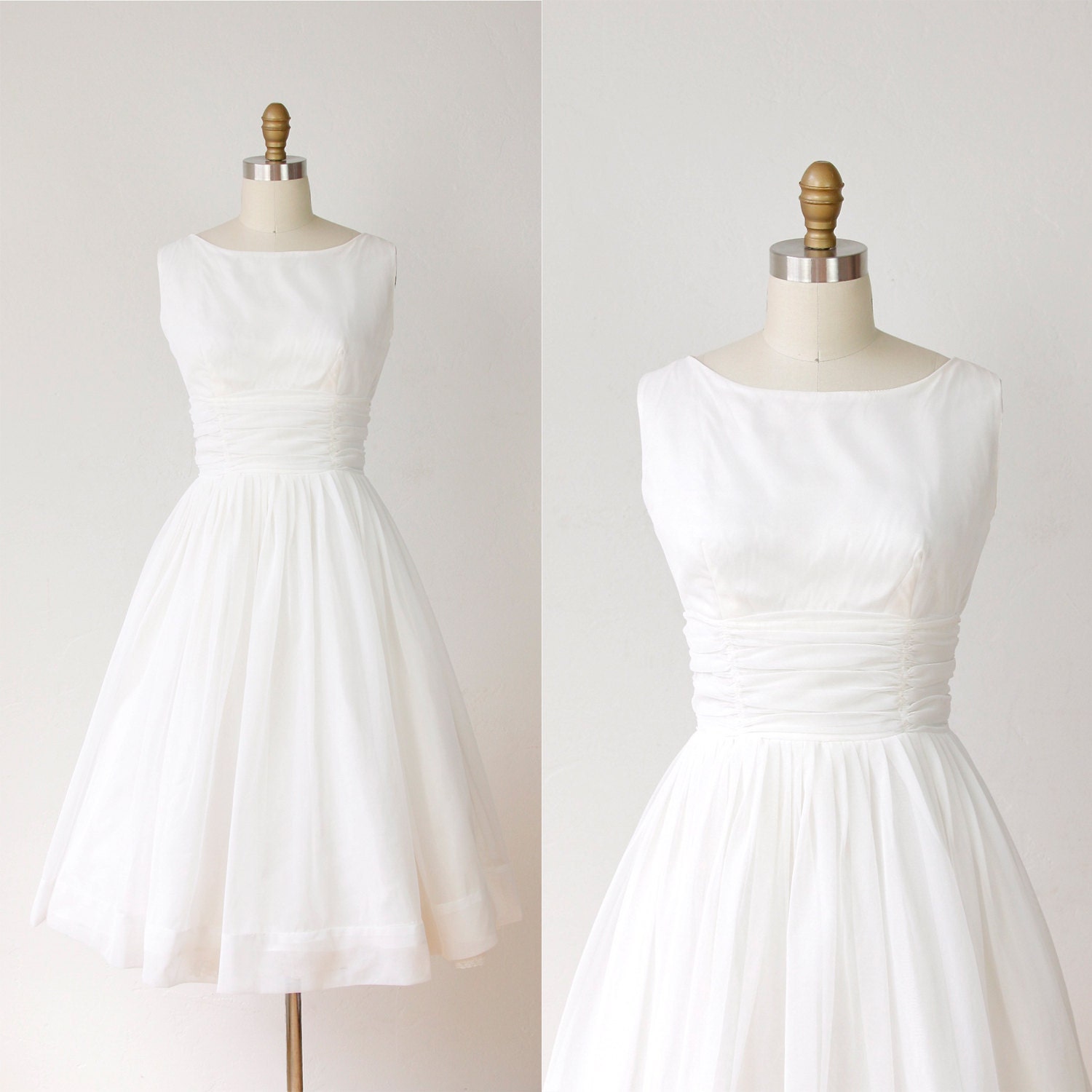 1950s Full Skirt Wedding Dress White Chiffon Vintage