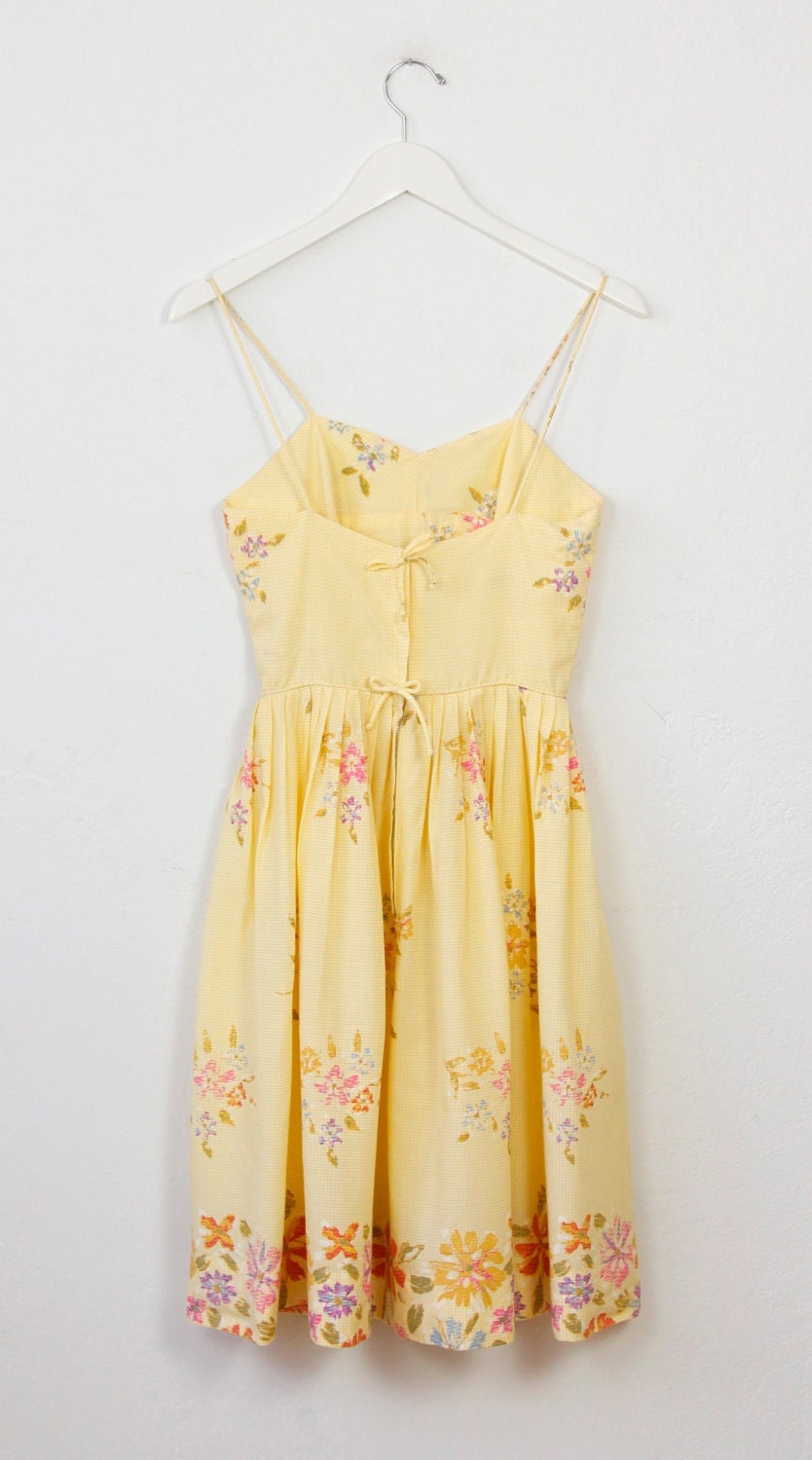 Yellow Gingham Floral Print Full Skirt Dress