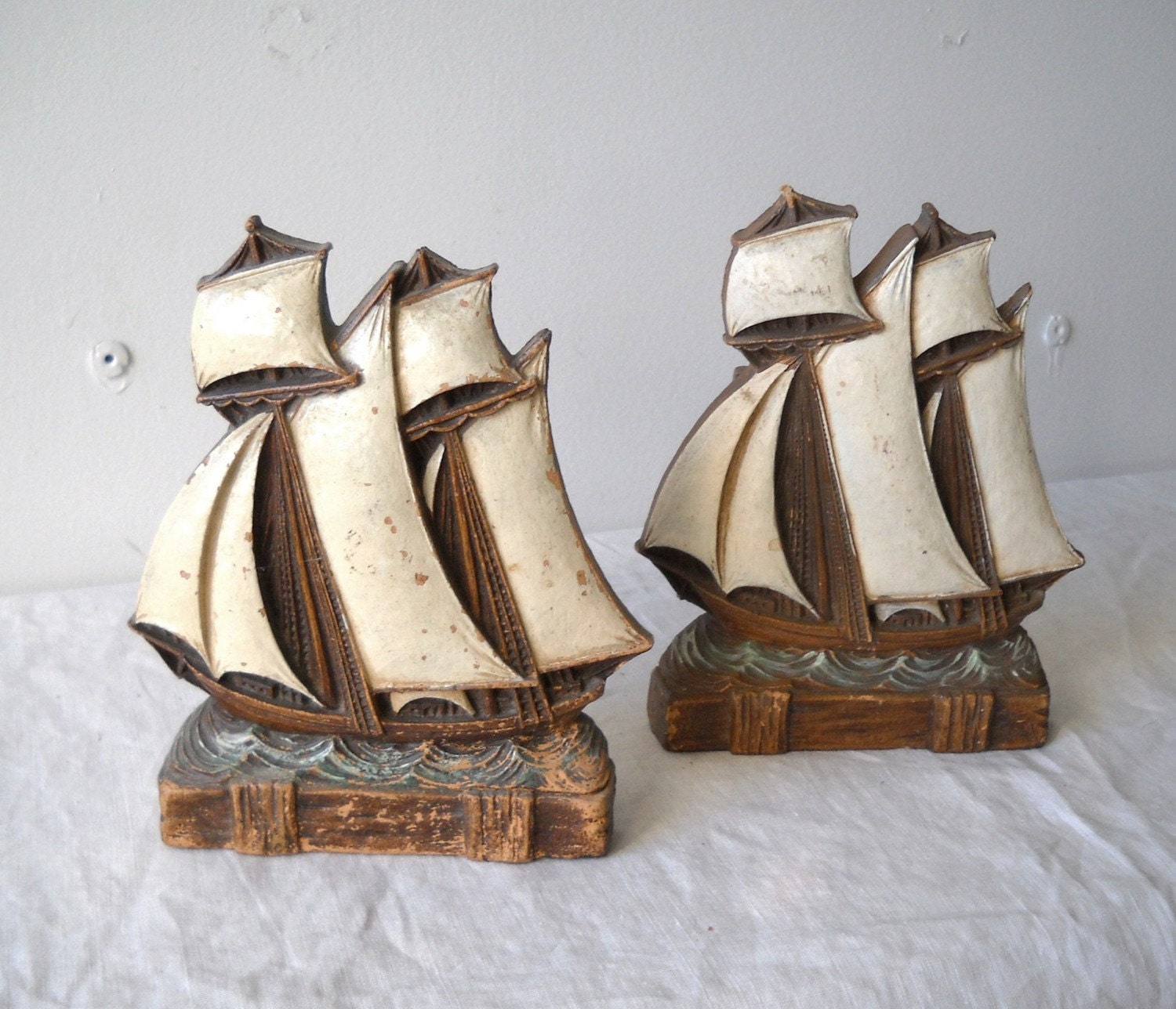 Syroco Wood Tall Ship Bookends Vintage Handpainted