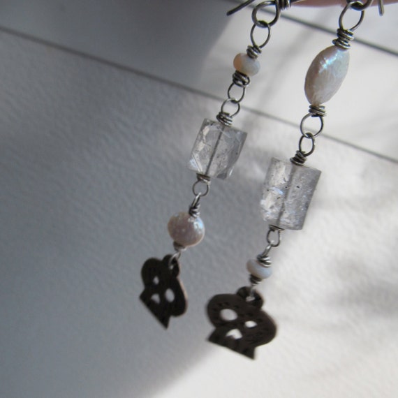 Skull Earrings Long Sterling Silver Funky Pearl Gemstone.