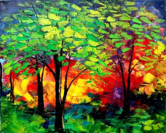 Original oil painting abstract landscape trees impasto art by