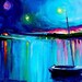 Twilight - 16x40 panoramic impasto abstract boat in evening seascape by Aja