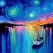 Midnight Harbor XXVIII - 24x30 impasto abstract boat in lake landscape by Aja