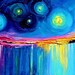 Original oil painting impasto abstract seascape by Aja " Midnight Harbor XXXII " 16x40