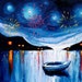 Original painting abstract art impasto boat fireworks landscape by Aja