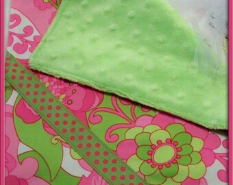 Pink Mod Flower and Green Minky Chenille with Satin Silky/Lovey