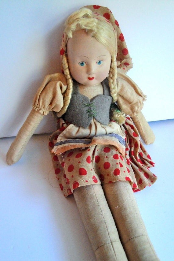 Vintage Doll From Poland Like Heidi fabric doll antique