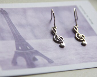 Silver Treble Clef Earrings. Sterling Silver Earrings Wire. Silver Music Notes Charm Earrings. Piano Note. Treble Clef Jewelry Musician Gift