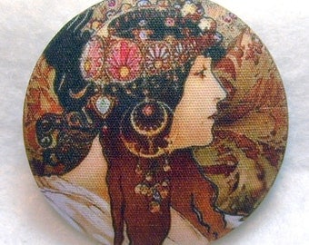 Mucha Art Nouveau Hand Printed Fabric Covered Button 1 and 1/2 inch Diameter M 29
