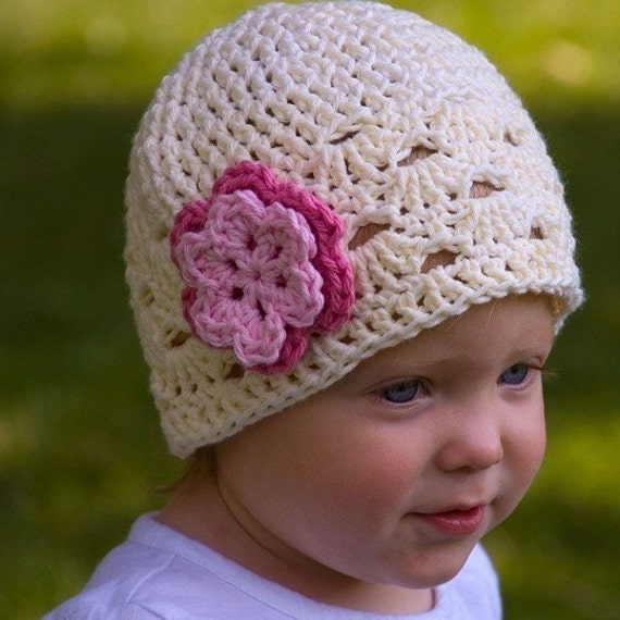 Items similar to Crochet Flower Toddler Hat in Off White with Pink ...