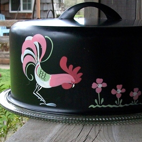 Vintage Glass Cake Plate with Aluminum Cover Painted Rooster