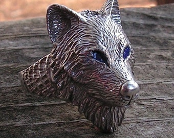 Sterling Silver Timber Wolf Ring With Blue Eyes