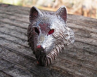 Sterling Silver Timber Wolf Ring With Red Eyes