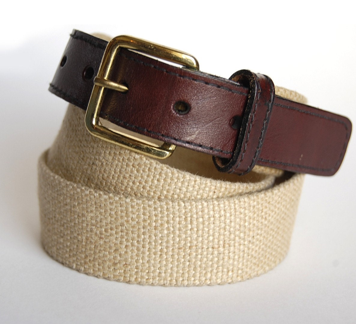 Classic vintage Canvas Leather Belt . Solid Brass Buckle . 80s