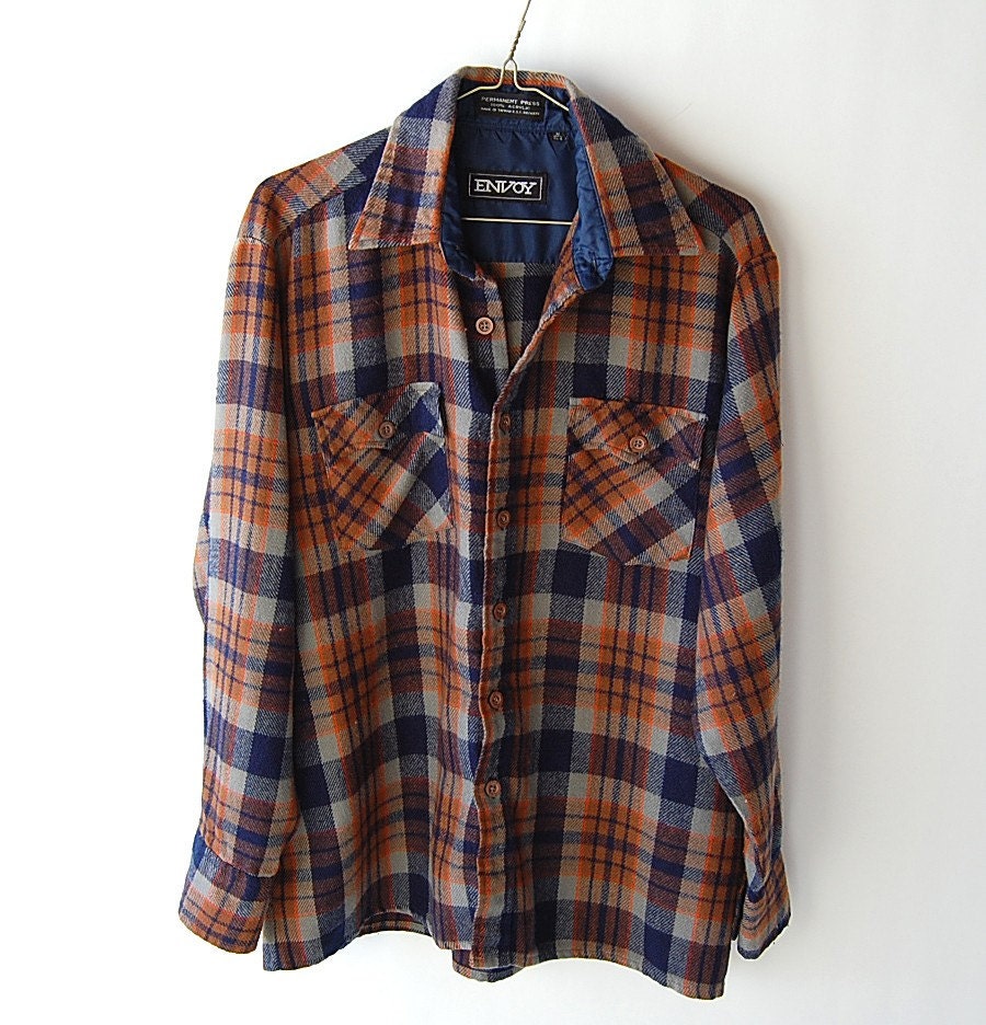 mens blue and orange plaid shirt