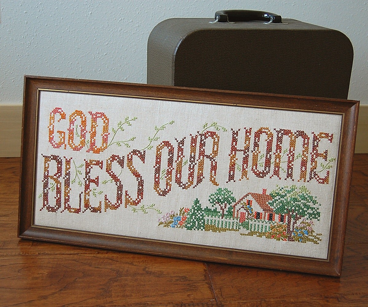 vintage God Bless Our Home Cross Stitch Embroidery Wall