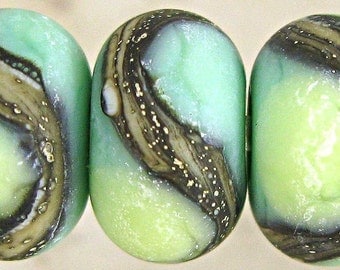 Green Etched Lampwork Glass Bead Set of 6 with Organic Webbed Silvered Ivory Small 11x7mm Little Sirona Velvet