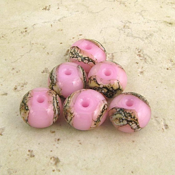 Pink Handmade Lampwork Glass Bead Set of 6 with Organic bed