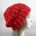 Hand knit beret slouchy hat lacy in tomato red soft warm wool blend strawberry raspberry crimson cherry lipstick women beanie