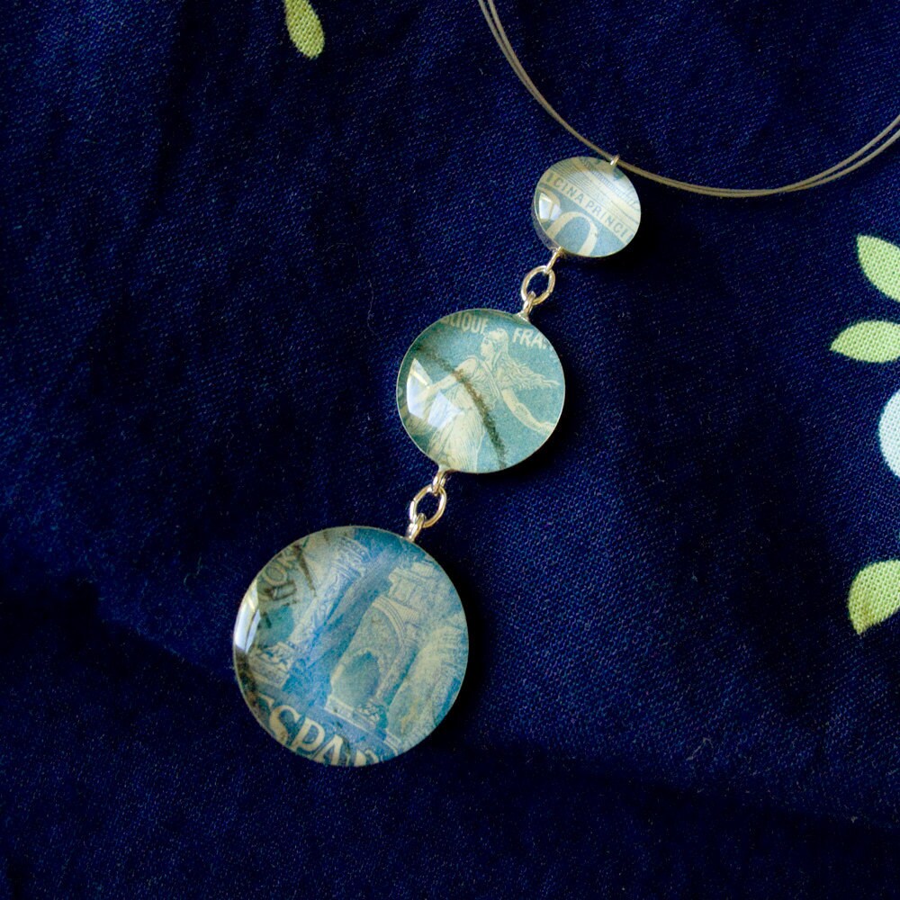 Triple Postage Stamp Necklace Blue by foxgloveaccessories on Etsy