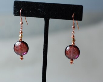 Copper Puprple Sparkly Venitian Glass Earrings